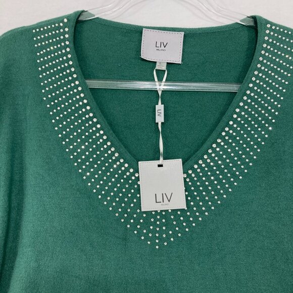New Liv Milano Large V Neck Green Embellished Long Sleeve Knit Light Sweater - Picture 3 of 10